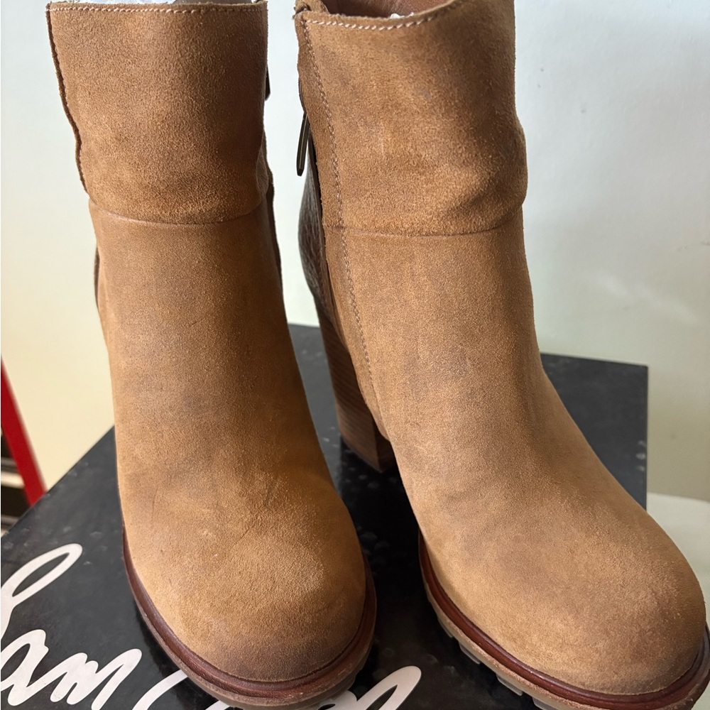 Tan Heeled Suede Boots with Block Heel